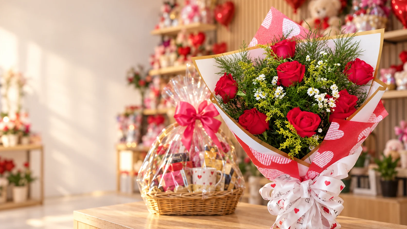 Buquê de rosas vermelhas da Pérola Flores sobre o balcão da loja